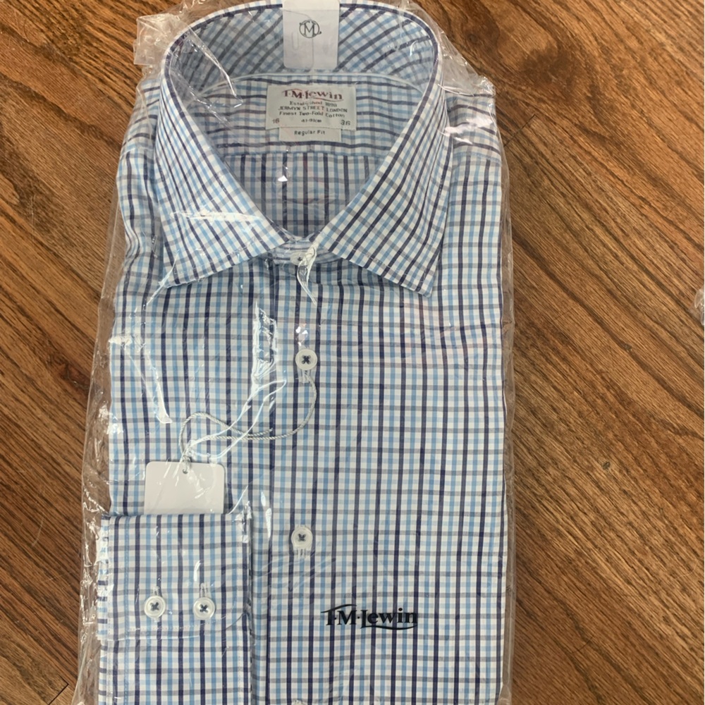 TM Lewin Reg Fit dress shirt. Blue & white check. Sz 16-36. New in packaging.